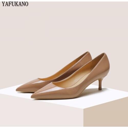 5 Cm Mid Heels Womens Shoes Patent Leather High Heels Sexy Nude Pointed Toe Thin Heels Office Shoes Wedding Pumps Size 34-43