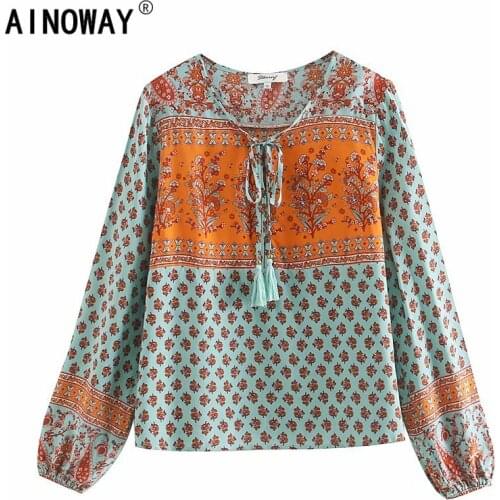Vintage chic women rayon cotton beach green floral print bohemian blouse shirt ladies flare sleeve loose Boho blusas