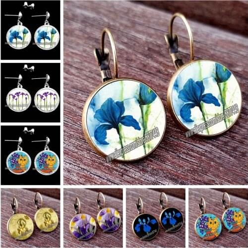 Vintage Blue Iris Glass Cabochon Women Bronze Stud Earring Beautiful Orchid Flower Earrings for Girl