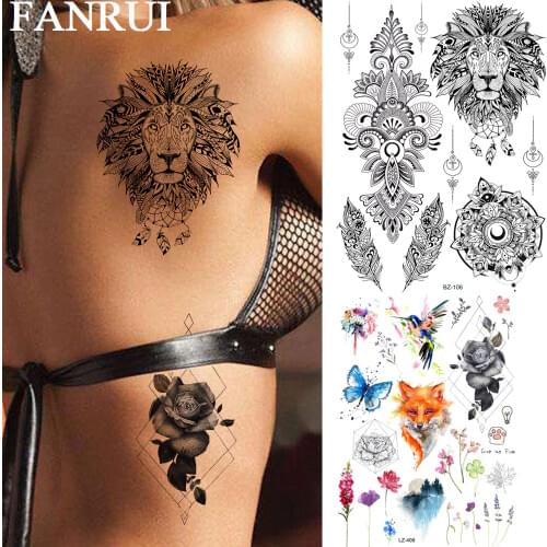 FANRUI Tribal Lion Mandala Flower Temporary Tattoos For Women Sticker Fake Tattoo Feather Art Waist Black Henna Tatoos Sheets