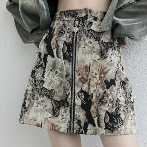 Harajuku Women Cat Pattern Skirts Korean High Waist A-line High Waist Vintage Embroidery Streetwear Female Skirt Falda Mujer
