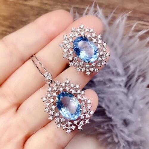 Natural blue topaz gem Ring Pendant Natural Gemstone Jewelry Set 925 Silver Fashion Elegant round snowflake Women Necklace Ring