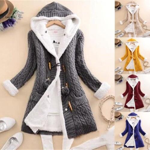 Lady Winter Hooded Fleece Liner Cashmere Cardigan Knitted Sweater Coat Women Thick Warm Long Sleeve Knit Weave Long Jacket Tops