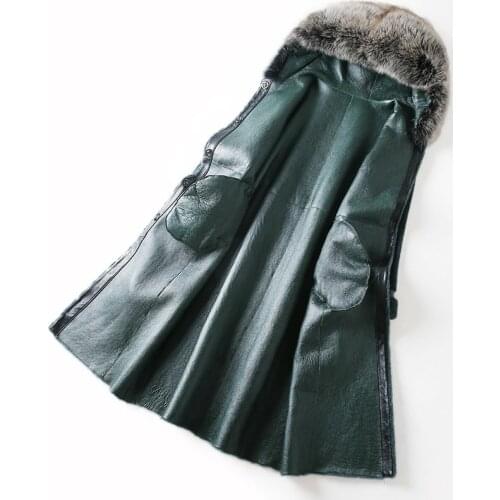 Womens Female Natural Sheep Shearling Double Faced Coat Winter Jacket Women Fox Fur Collar Long Coats MY