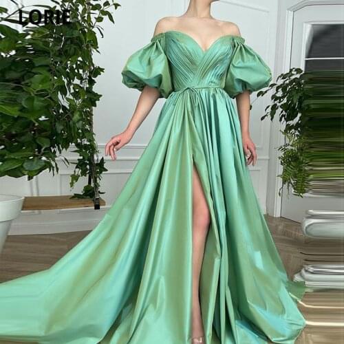 LORIE Strapless Long Pleat Evening Dresses 2021 Sexy Side Split Puffy Sleeves Robe De Soiree Satin Wish Sash Vestidos De Fiesta