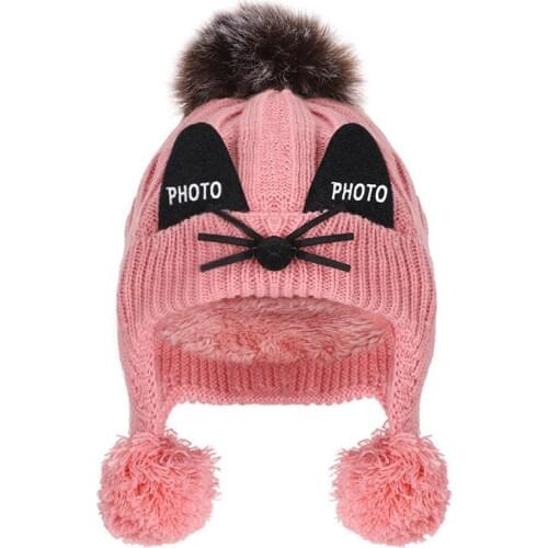 Winter Beanie Hats For Kids Cap Children Boys Girls Faux Fox Fur Pompom Hat Cute Embroidery Skullies Beanies Knitted Warm Caps
