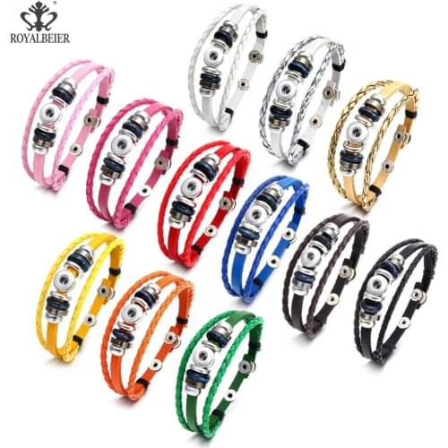 ROYALBEIER 1pcs Snap Button Bracelet Leather Bracelet 12mm Snap Buttons Retro Handmade Braided Leather Cuff Bangles Jewelry
