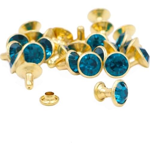 100Sets 8mm Blue Zircon Crystal Rhinestone Rivets Golden Metal Base Studs Stunds For Clothing Bag Leathercraft Rivet