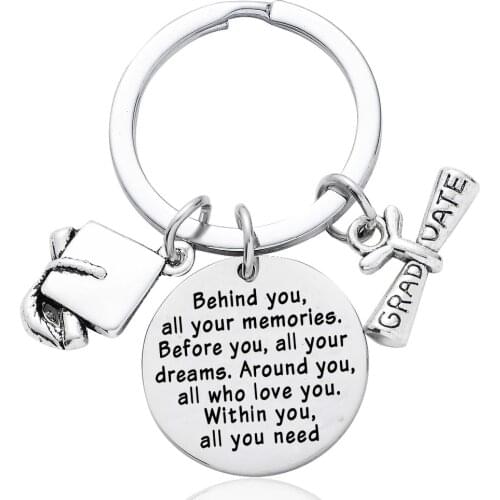 12PC/Lot Stainless Steel Key Chains Behind you,all your memories Graduation Gift Keychain Key Rings Kids Teens Inspiration Gift