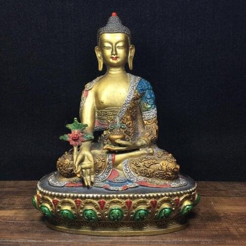 9"Tibet Buddhism Temple Old Bronze Painted Shakyamuni Medicine Buddha Buddha Statue Enshrine the Buddha