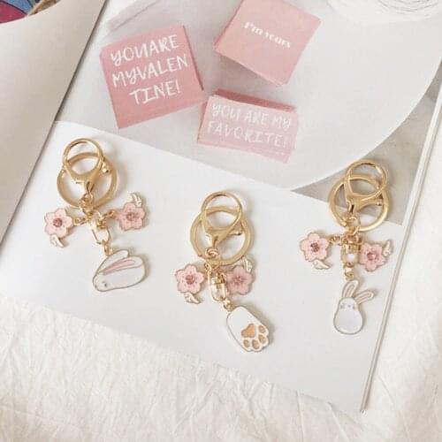 Enamel Flower Winged Rabbit Keychain Keyring For Women Girl Jewelry Cute Animal Car Handbag Key Holder Decoration Keyring