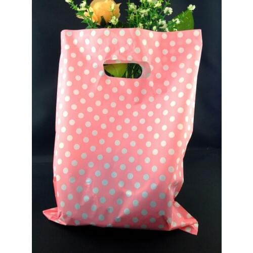 Hot Sale 100pcs 25cmx35cm (9.84" x 13.77")Lovely Pink Dots Color Plastic Gift Bags With Handles Cloth Shopping Gift Bags