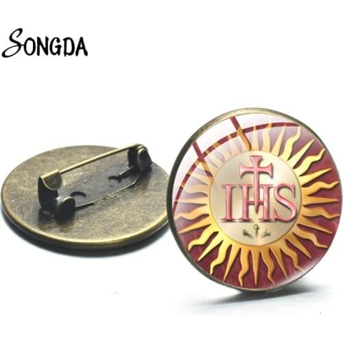 Christian Icon Jesuit Seal Picture Art Photo Glass Brooch Labarum Fashion Decorative Brooch Charm Metal Pin Badge Jewelry Gift