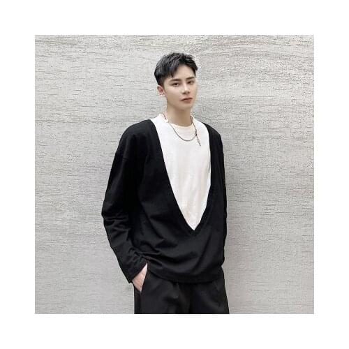 Spring Large Personality Deep v Neck stitching fake two design black-and-white collision color long-sleeved jacket t-shirt fashi