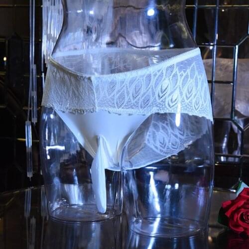 Ice Silk Long Elephant Nose Briefs Men Sexy Lace Underwear Panties Thin Shiny Thong Low Waist Seamless Gays Underpants Erotic