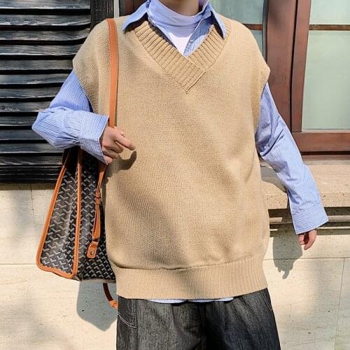 New Men Clothes Sweater male ins Korean style v-neck jacket Solid Casual student Beige khaki Loose sleeveless sweater vest men