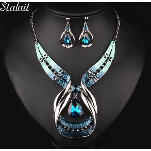 Fashion Bridal Jewelry Sets Antique Silver Color Crystal Water Drop Snake Skin Dripping Statement Necklace Earrings Jewelry