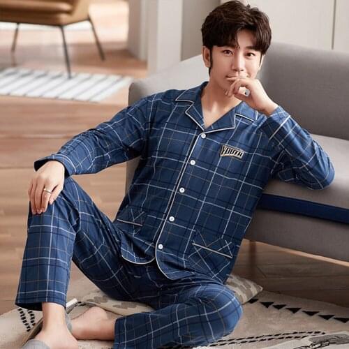 100% Cotton Plaid Pajamas Set Fashion Lapel Sleepwear Suit Casual Cardigan WIth Pockets Male Pijama Homewear Clothing Plus Size