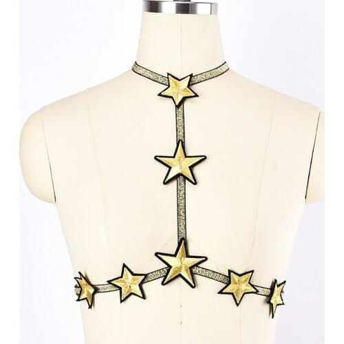 PENTAGRAM BODY HARNESS Gold color Sparkling Hanging Neck Harness Bra elastic adjustable Handmade Fetish Bondage Cage Bra Belt