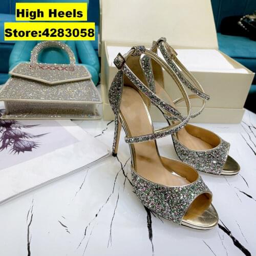 Casual Designer Women Sandals Glitter Peep Toe Criss-Cross strappy High Heels Stiletto Stripper Sandalias mujeres 2021 Zapatos