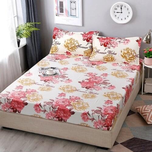 Print Flower Elastic Band Fitted Sheet Velvet Bed Linen Mattress Cover Color 1pcs Winter Warm Soft Queen 180x200cm Bedspread