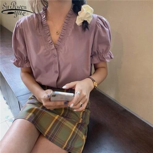Summer V-neck Womans Shirts Solid Short Sleeve Shirt Cotton Korean Tops Vintage Sweet Button Lady Clothing Blusas Mujer 10278
