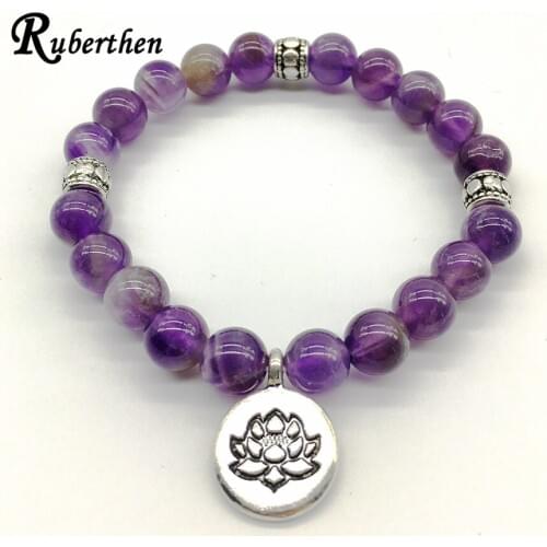 Ruberthen 2018 Top Design Natural Stone Bracelet Dream Purple Crystal Lotus Bracelet Best Gift for Wedding