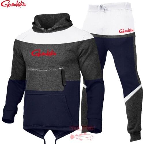 Gamakatsu Autumn Winter Fishing Suits Tracksuit Hooded Sweatshirt Drawstring Sportswear Male Suit Pullover Two Piece Casual Set