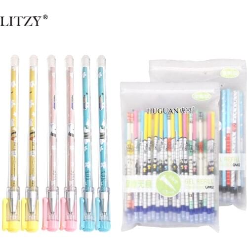 LITZY 6+60Pcs/lot 0.5mm Erasable Pen Cute Pattern Black Blue Ink Erasable Gel Pen Set School Office Writing Stationery Supplies