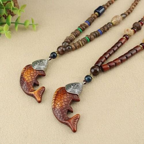 Handmade Vintage Talisman Ethnic Nepal Necklace Buddhist Mala Wood Beaded Fish Pendant Necklace Long Statement Sweater Necklace