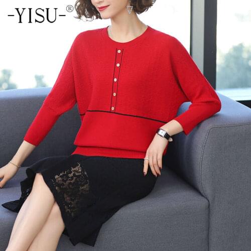 YISU New Spring Womens clothing Sweater O-Neck Simple Knitted Pullover Bat sleeve Long sleeve Thin Sweater Female Casual Jumper