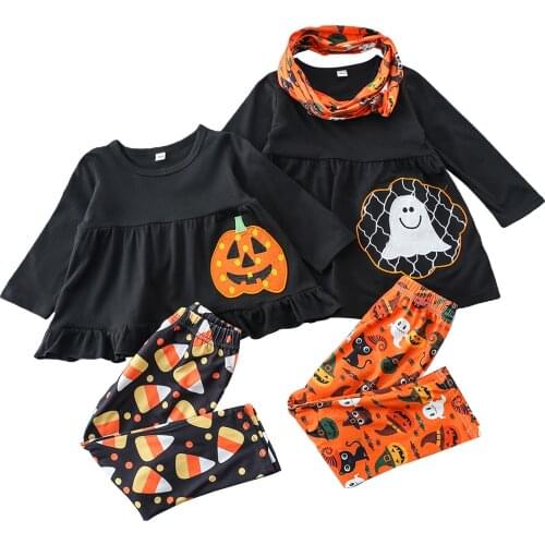 2021 Girls Halloween Clothes Set, Ghost Embroidery Long Sleeve O-neck Tops+Pumpkin Print Trousers+Scarf 1-6T