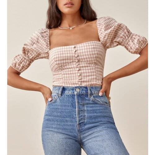 Womens Tops And Blouses 2021 Front Buttons Fitted Summer Casual Plaid Top Women Square Neck Double Puff Sleeve Elegant Blouse