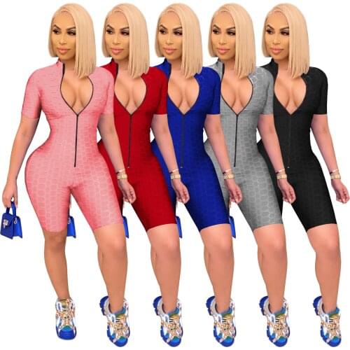 Women Summer Solid Color Zip-up Romper Short Sleeve Stand-up Collar Lift Up Jumpsuit for Sports Wear Fitness