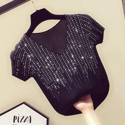 Diamonds Knitted Women Sweater Tees 2021 Summer V-Neck Ladies Tops Sexy Short Sleeve One Size Female Harajuku Pullovers KS628