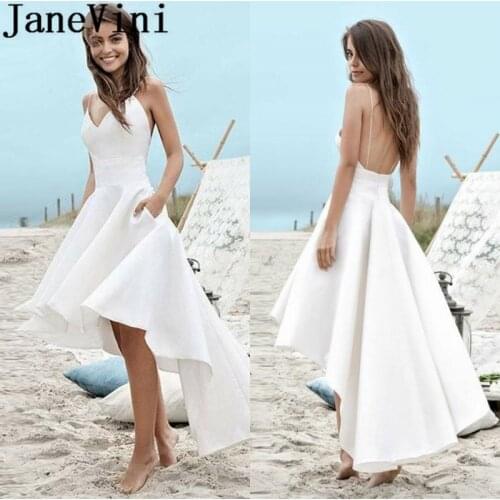 JaneVini High Low Beach Wedding Dress 2019 Boho Backless Bride Dresses Sexy V-Neck Vestido Short Front Long Back Bridal Gowns