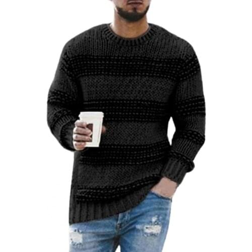 Long Sleeve Men Sweater Striped Print Casual O Neck Stretchy Knitted Pullover Sweater Streetwear