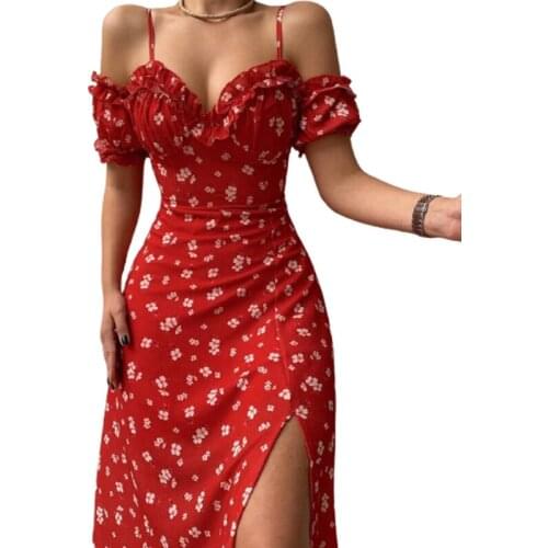 2021 Summer Floral Dress Womens Sexy Bodycon Bustier Mid-length Dress Crushed French Halter Suspender Dress Party Vintage Dress
