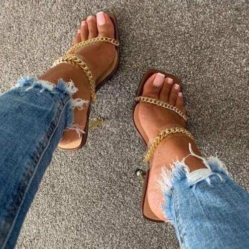 2021 Womens High Heels Slippers Female Fashion Chain Shoes Woman Summer Sandal Shoe PVC Mules High Heel Shoes Party Sandals