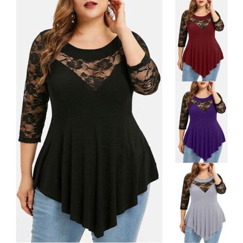 40# Plus Size Women Solid Floral patchwork Lace O-Neck Asymmetric Three Quarter Tops Blouse Roupa Feminina Top Mujer Roupas