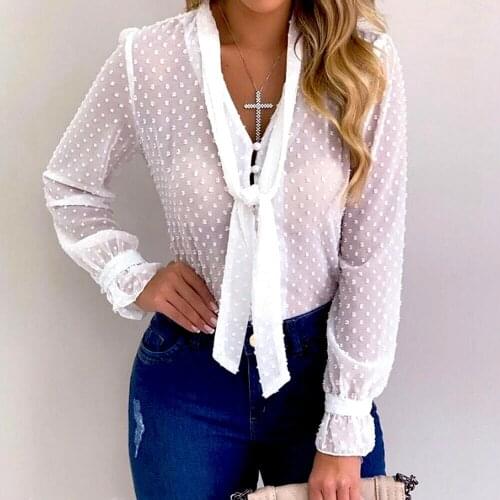 Plus size S-XXXL Chiffon Blouses Women Long Sleeve V-neck white Shirt Office Blouse Slim Casual Tops Autumn Female Tops