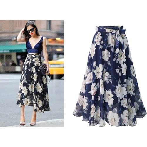 Printed Flower Midi Chiffon Skirt Women 2020 Plus Size Lace Up Skirt Female Faldas Mujer Moda