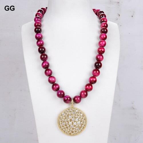 GuaiGuai Jewelry 23'' 14mm Round Fuchsia Tiger Eye Necklace Golden Plated CZ Pave Big Pendant