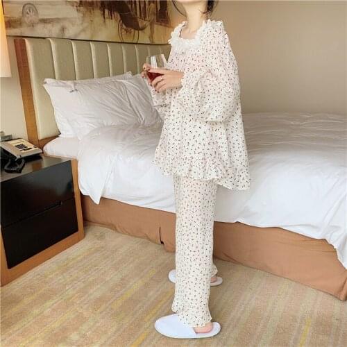 Cotton Homewear Red Cherry Print Women Pajamas Set Shirts Pants Sleepwear 2 Piece Set Ladies Nightgowns Home Clothes