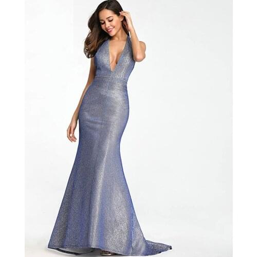 Beautiful and sexy 2019 V-neck sleeveless halter satin mermaid dress with backless