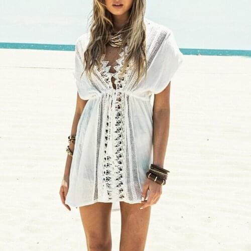 Lace Sheer Dress Fashion Sexy Cutout Deep V-neck Loose Short Sleeve Lace Patchwork Waist Drawstring Swimwear Coverup Beach Dress