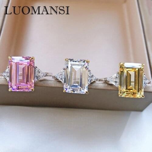 Luomansi 14*10 High Carbon Diamond Ring 100% S925 Sterling Silver Rectangular Wedding Women Fine Jewelry Accessories