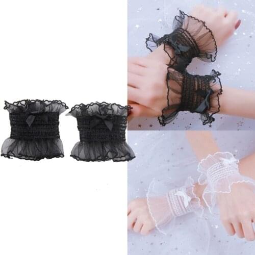 Japanese Lolita Sweet Shirred Elastic Wrist Cuffs Solid Color Ruffled Lace Trim Bowknot Bracelet Wristband Women Girls Anime