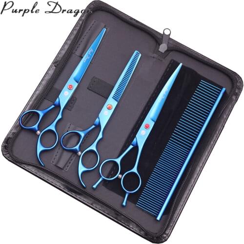 Suit 7" Stainless Purple Dragon Dogs Grooming Set Straight Scissors Thinning Shears Up Curved Scissors Pets Shears Add Bag Z3002