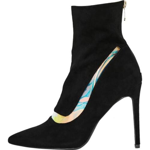 Sexy Woman Reflecting Strip Leather Patchwork Ankle Boots Thin High Heel Pointed Toe Short Boots Ladies Night Club Stage Boots